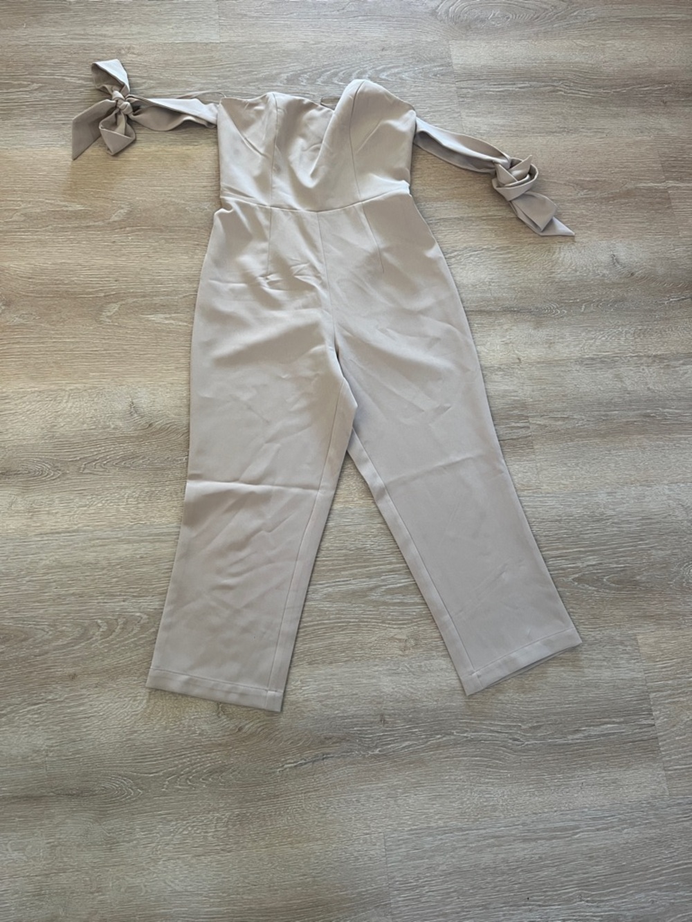 Kittenish Strapless Tie-Shoulder Jumpsuit in Light Taupe